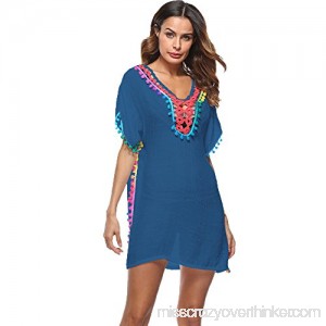Women’s Bikini Cover Up for Beach Sunscreen Shirt Pool Swimwear Crochet Tassel Dress Blue B07NW3374G